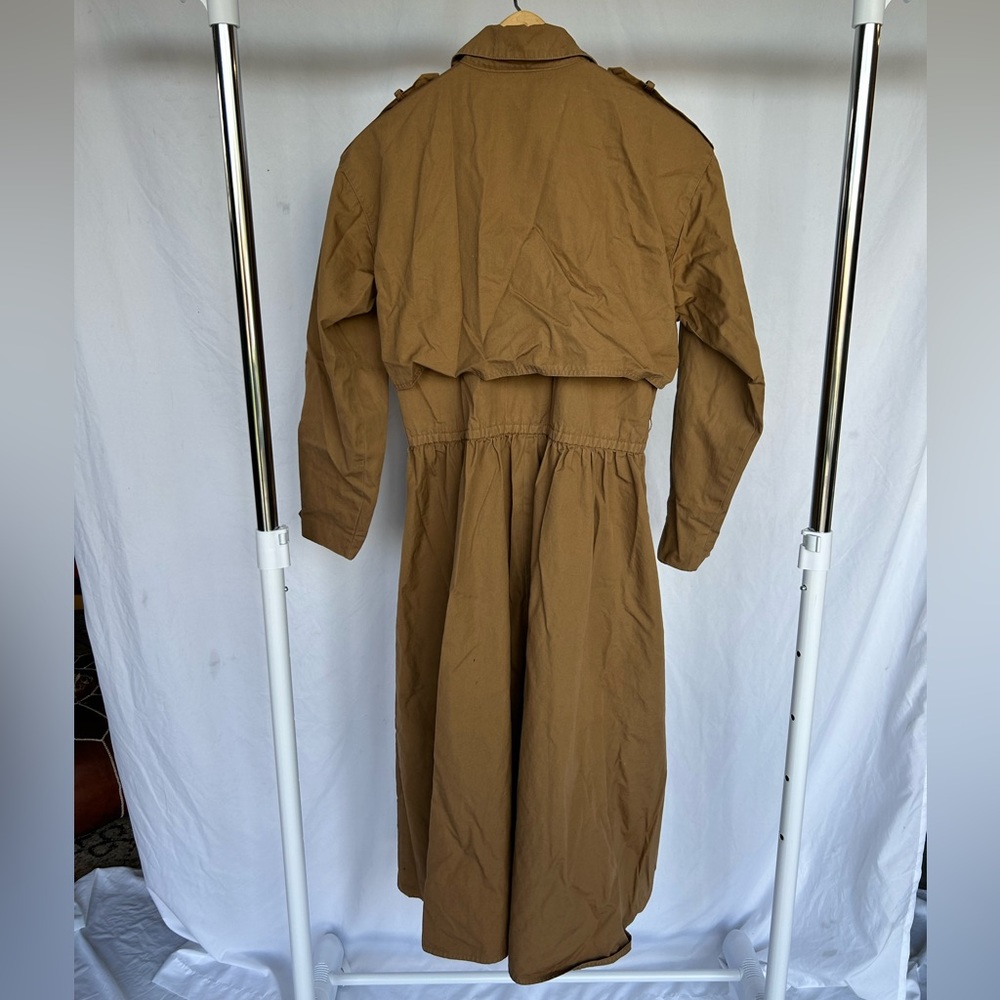 Vintage 1980’s Brown Cotton Trench Long Sleeved Dress With Elastic Waist sz 10 - Picture 7 of 9